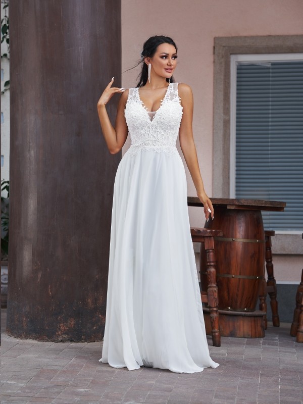 A-Line/Princess Chiffon Lace V-neck Sleeveless Floor-Length Wedding Dresses 655