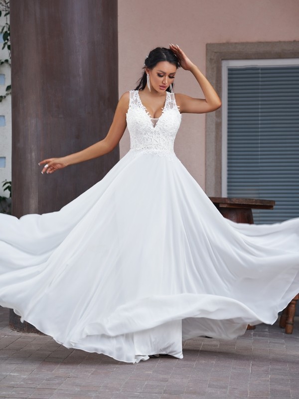 A-Line/Princess Chiffon Lace V-neck Sleeveless Floor-Length Wedding Dresses 655