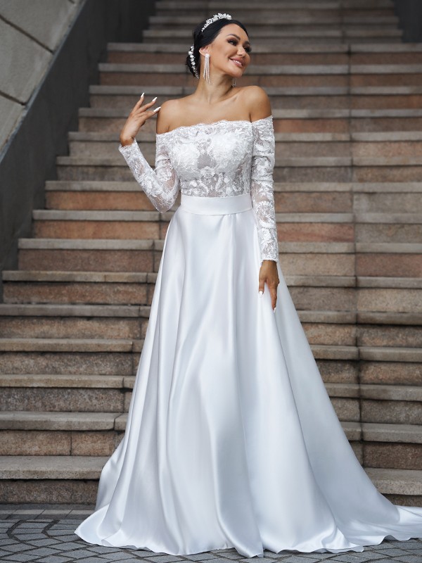 A-Line/Princess Satin Lace Off-the-Shoulder Long Sleeves Sweep/Brush Train Wedding Dresses 803