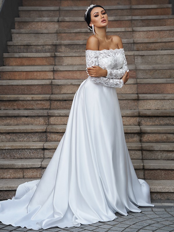 A-Line/Princess Satin Lace Off-the-Shoulder Long Sleeves Sweep/Brush Train Wedding Dresses 803