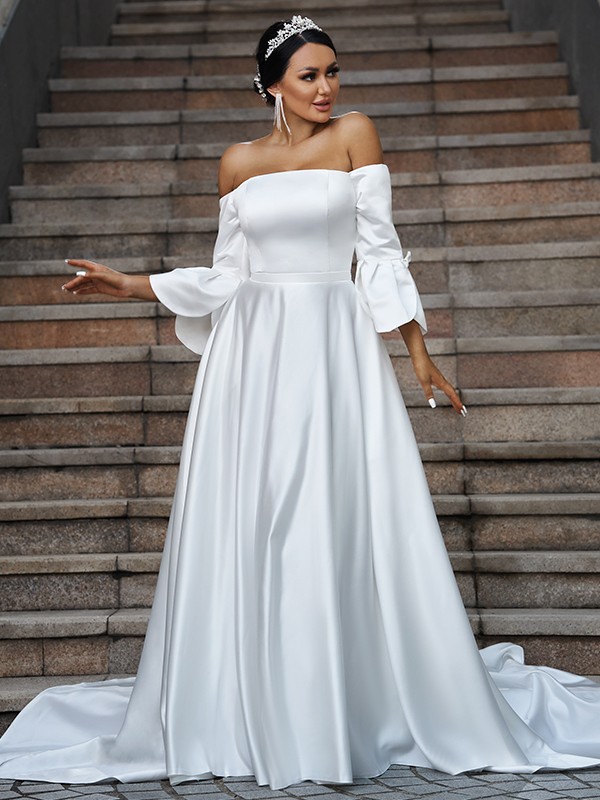 A-Line/Princess Charmeuse Ruffles Off-the-Shoulder 3/4 Sleeves Sweep/Brush Train Wedding Dresses 627