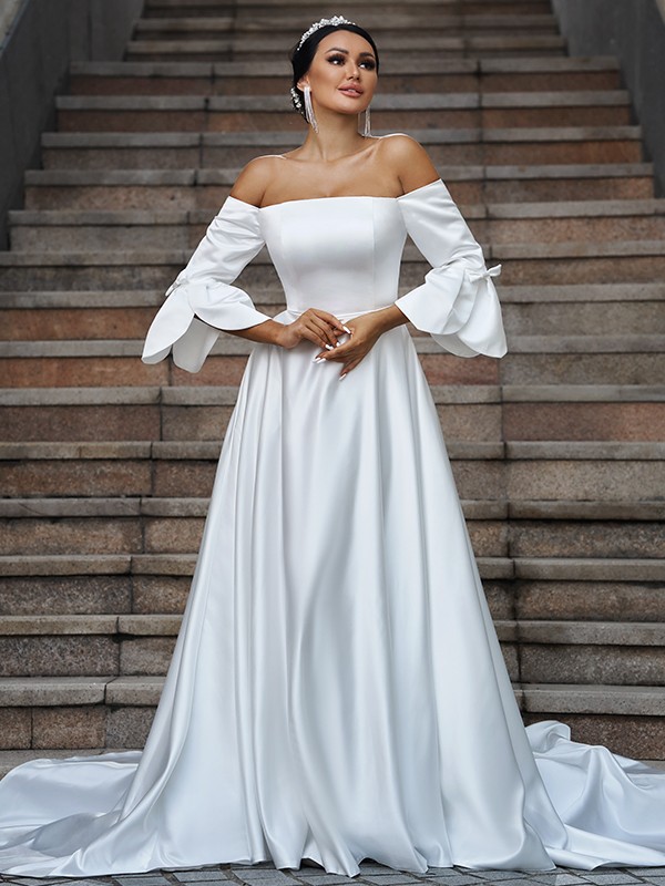 A-Line/Princess Charmeuse Ruffles Off-the-Shoulder 3/4 Sleeves Sweep/Brush Train Wedding Dresses 627