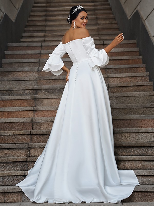 A-Line/Princess Charmeuse Ruffles Off-the-Shoulder 3/4 Sleeves Sweep/Brush Train Wedding Dresses 627