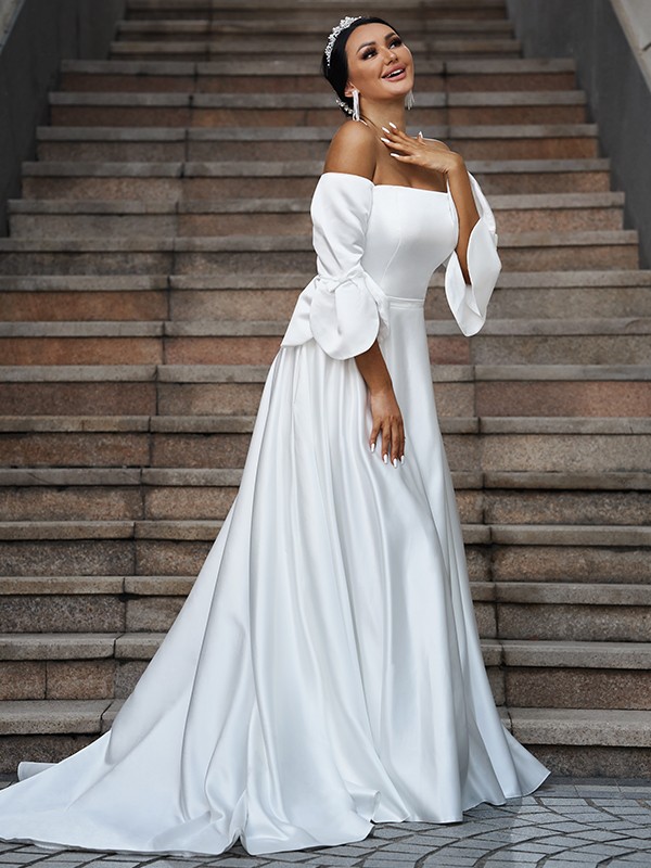 A-Line/Princess Charmeuse Ruffles Off-the-Shoulder 3/4 Sleeves Sweep/Brush Train Wedding Dresses 627