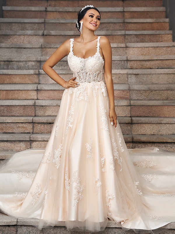 A-Line/Princess Tulle Applique Straps Sleeveless Court Train Wedding Dresses 998