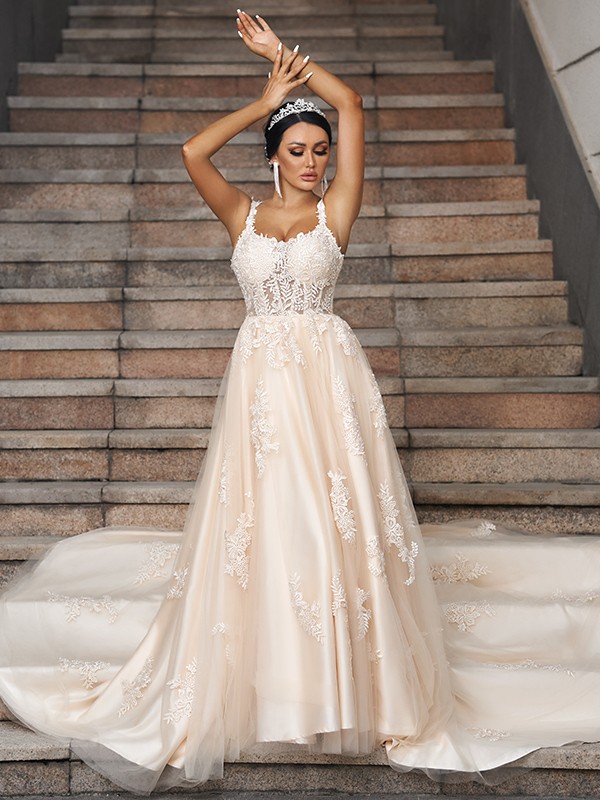 A-Line/Princess Tulle Applique Straps Sleeveless Court Train Wedding Dresses 998