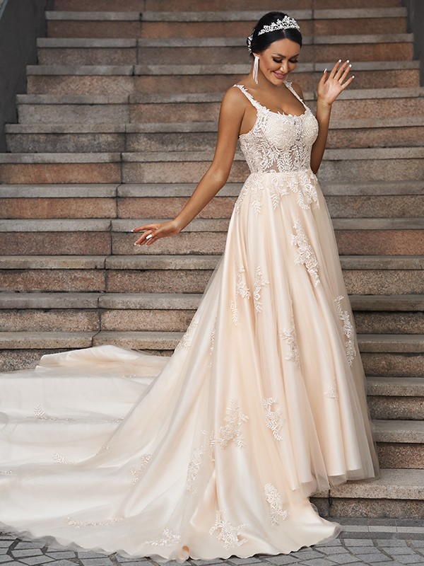 A-Line/Princess Tulle Applique Straps Sleeveless Court Train Wedding Dresses 998