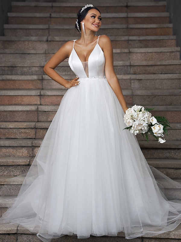 A-Line/Princess Tulle Ruffles V-neck Sleeveless Sweep/Brush Train Wedding Dresses 1099