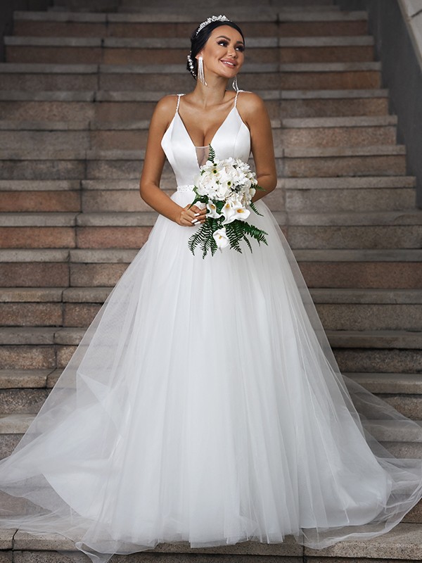 A-Line/Princess Tulle Ruffles V-neck Sleeveless Sweep/Brush Train Wedding Dresses 1099