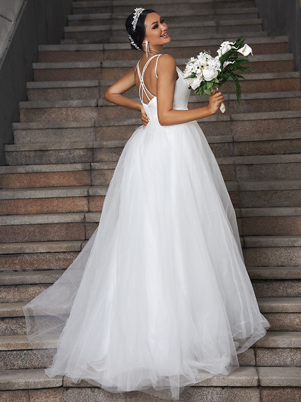 A-Line/Princess Tulle Ruffles V-neck Sleeveless Sweep/Brush Train Wedding Dresses 1099