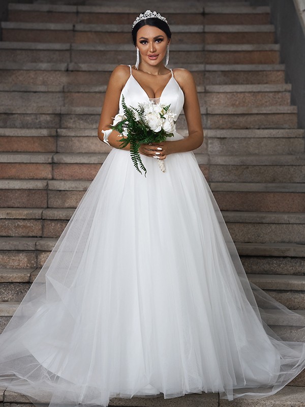 A-Line/Princess Tulle Ruffles V-neck Sleeveless Sweep/Brush Train Wedding Dresses 1099