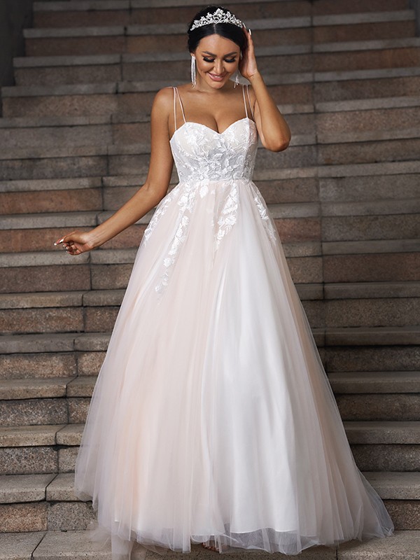 A-Line/Princess Tulle Applique Sweetheart Sleeveless Sweep/Brush Train Wedding Dresses 1007