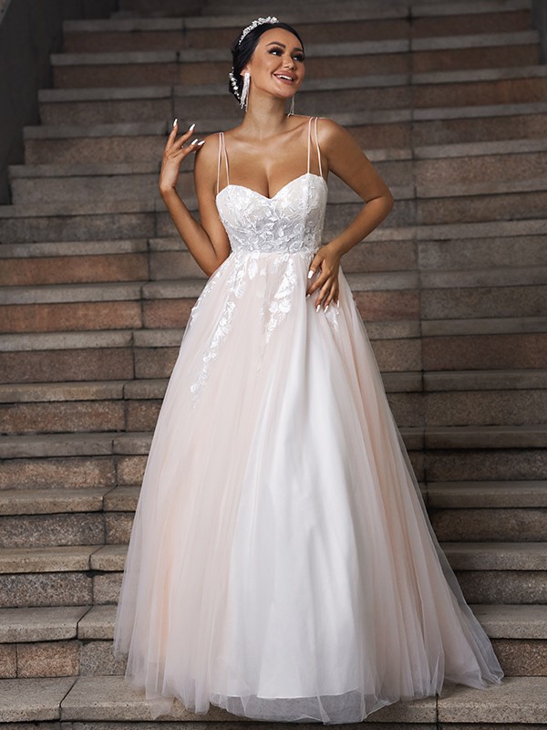 A-Line/Princess Tulle Applique Sweetheart Sleeveless Sweep/Brush Train Wedding Dresses 1007