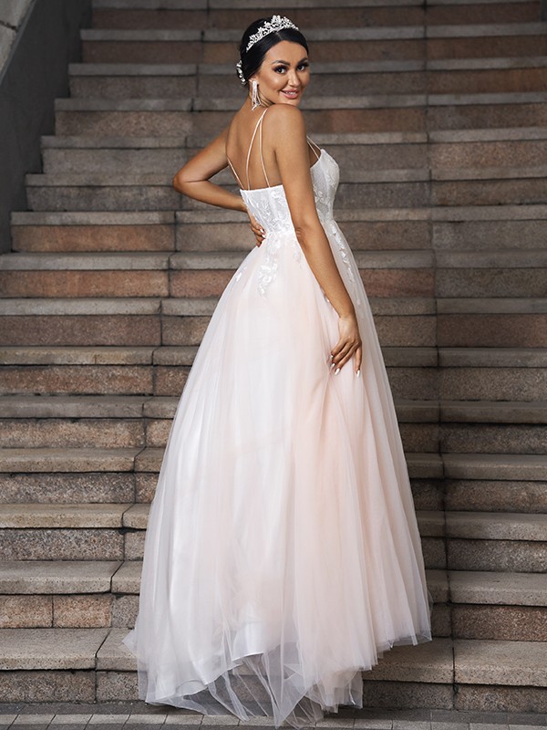 A-Line/Princess Tulle Applique Sweetheart Sleeveless Sweep/Brush Train Wedding Dresses 1007