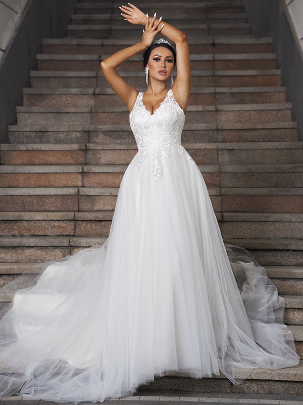 A-Line/Princess Tulle Applique V-neck Sleeveless Court Train Wedding Dresses 1019