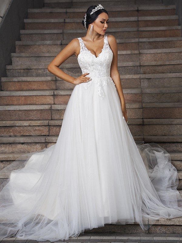 A-Line/Princess Tulle Applique V-neck Sleeveless Court Train Wedding Dresses 1019