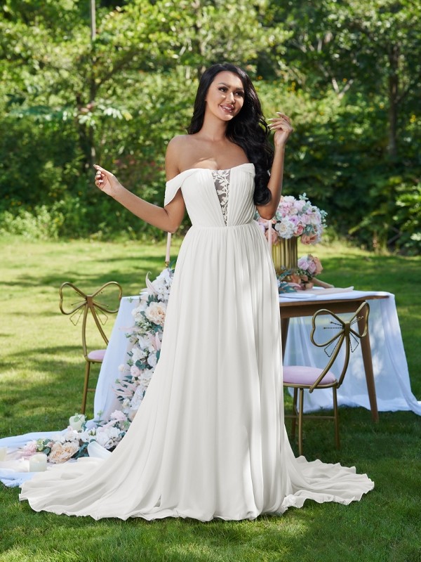 A-Line/Princess Chiffon Ruffles Off-the-Shoulder Sleeveless Sweep/Brush Train Wedding Dresses 668