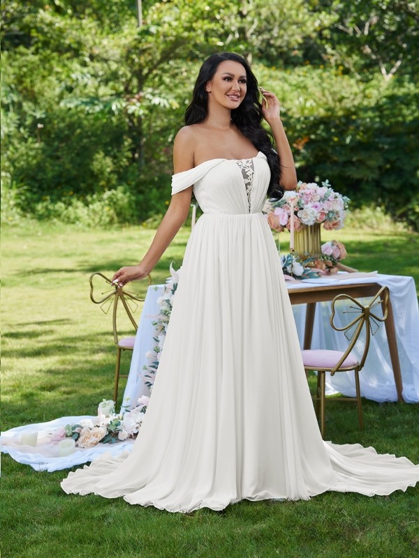 A-Line/Princess Chiffon Ruffles Off-the-Shoulder Sleeveless Sweep/Brush Train Wedding Dresses 668