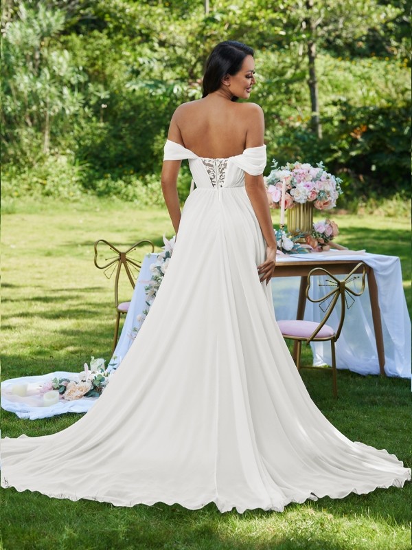 A-Line/Princess Chiffon Ruffles Off-the-Shoulder Sleeveless Sweep/Brush Train Wedding Dresses 668