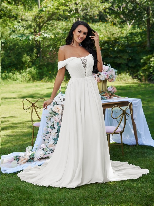 A-Line/Princess Chiffon Ruffles Off-the-Shoulder Sleeveless Sweep/Brush Train Wedding Dresses 668