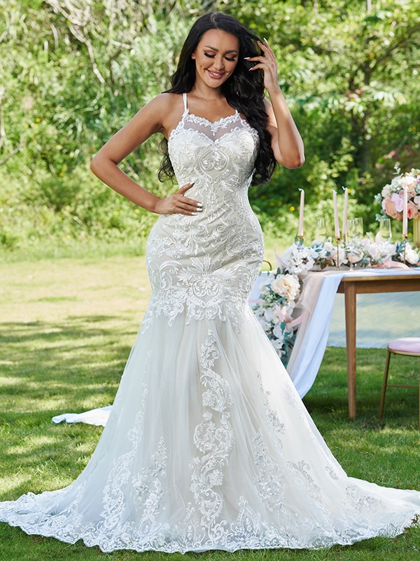 Trumpet/Mermaid Lace Ruffles Spaghetti Straps Sleeveless Sweep/Brush Train Wedding Dresses 1581