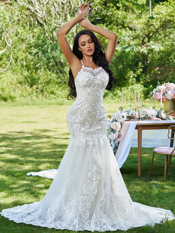 Trumpet/Mermaid Lace Ruffles Spaghetti Straps Sleeveless Sweep/Brush Train Wedding Dresses 1581