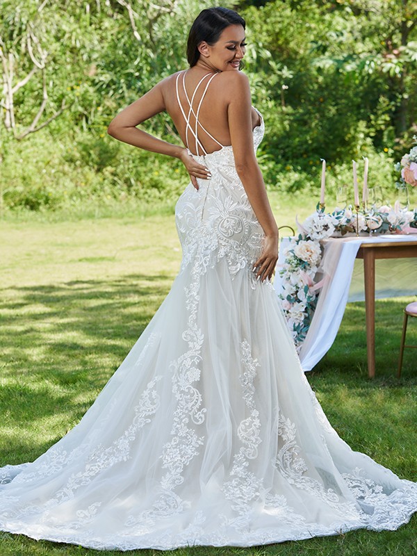 Trumpet/Mermaid Lace Ruffles Spaghetti Straps Sleeveless Sweep/Brush Train Wedding Dresses 1581