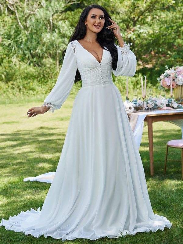 A-Line/Princess Chiffon Ruffles V-neck Long Sleeves Sweep/Brush Train Wedding Dresses 671