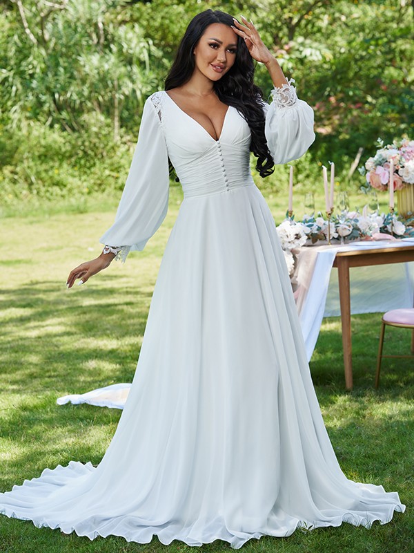 A-Line/Princess Chiffon Ruffles V-neck Long Sleeves Sweep/Brush Train Wedding Dresses 671