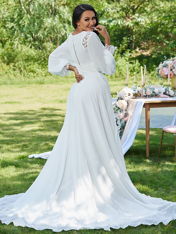 A-Line/Princess Chiffon Ruffles V-neck Long Sleeves Sweep/Brush Train Wedding Dresses 671