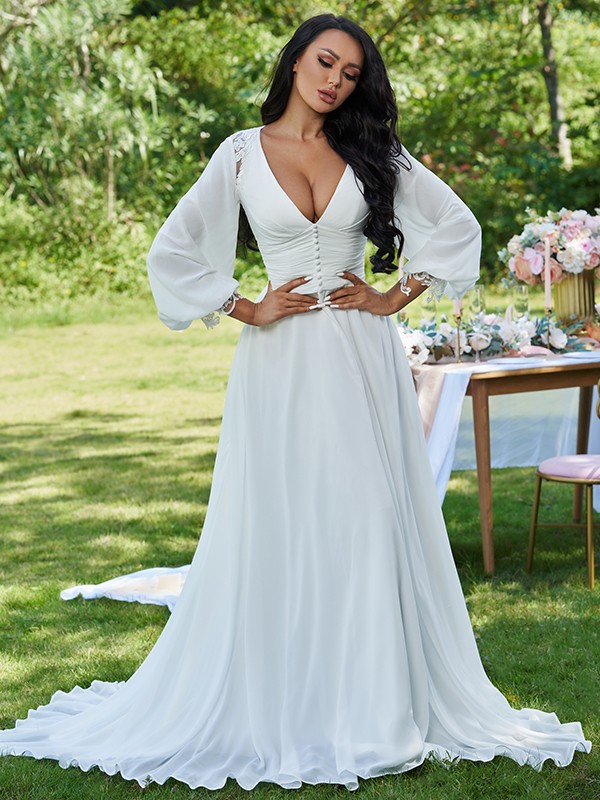 A-Line/Princess Chiffon Ruffles V-neck Long Sleeves Sweep/Brush Train Wedding Dresses 671