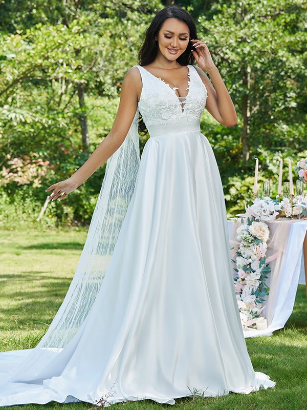 A-Line/Princess Satin Applique V-neck Sleeveless Sweep/Brush Train Wedding Dresses 790