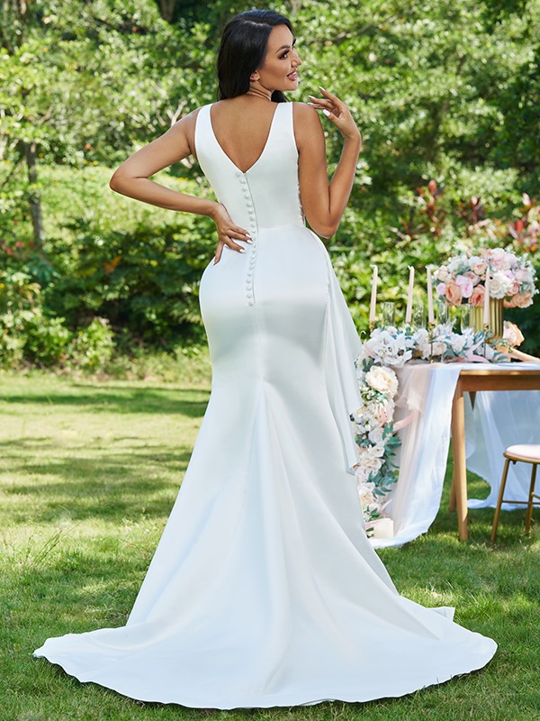 Sheath/Column Satin Ruffles V-neck Sleeveless Sweep/Brush Train Wedding Dresses 1432