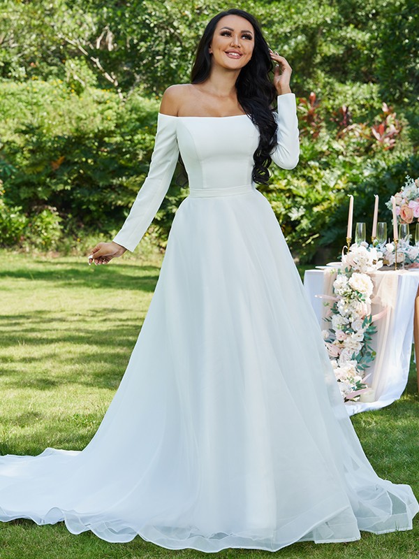 A-Line/Princess Tulle Ruffles Off-the-Shoulder Long Sleeves Sweep/Brush Train Wedding Dresses 1087