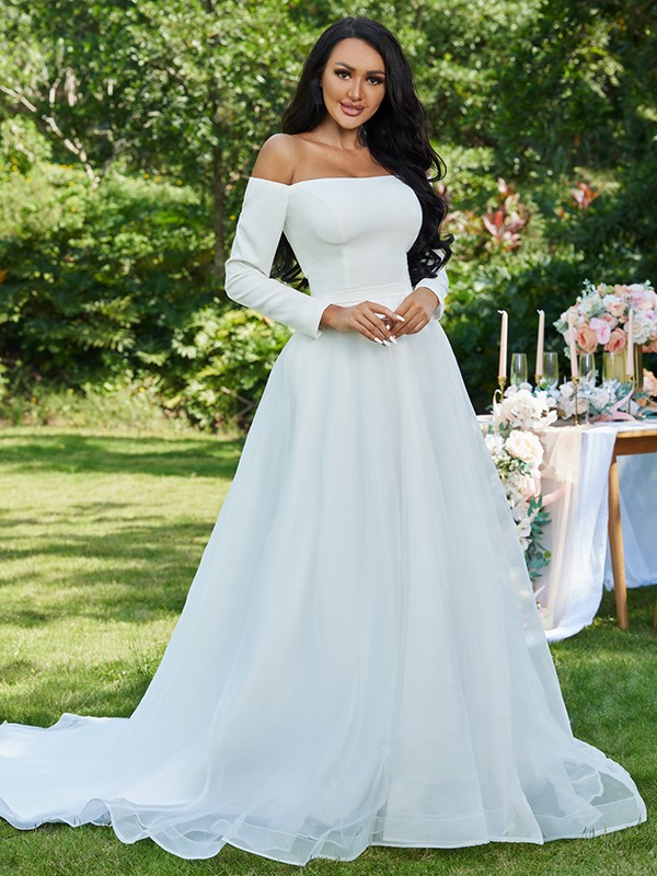 A-Line/Princess Tulle Ruffles Off-the-Shoulder Long Sleeves Sweep/Brush Train Wedding Dresses 1087