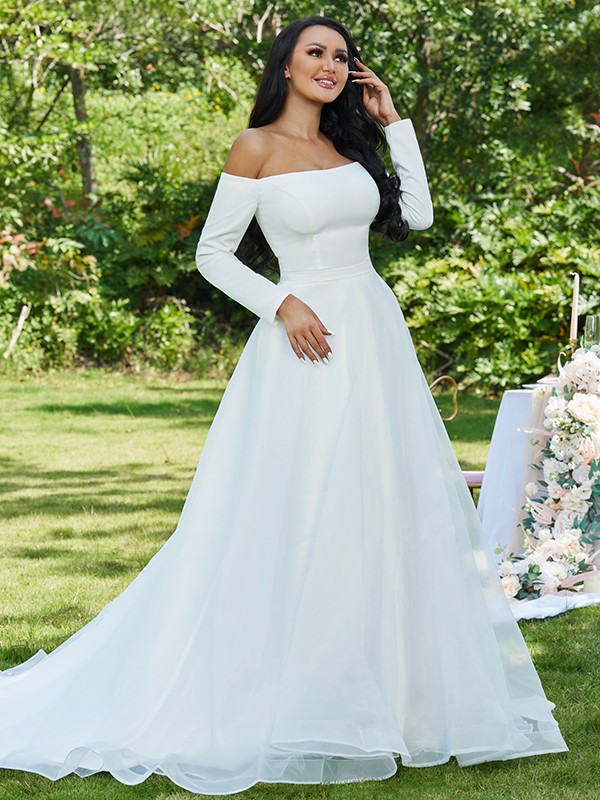 A-Line/Princess Tulle Ruffles Off-the-Shoulder Long Sleeves Sweep/Brush Train Wedding Dresses 1087