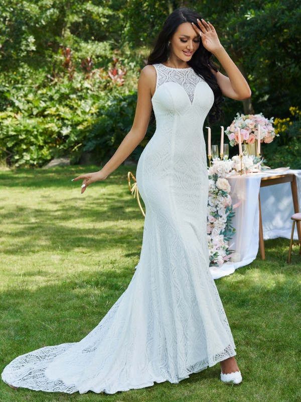 Trumpet/Mermaid Lace Ruffles Scoop Sleeveless Sweep/Brush Train Wedding Dresses 1580