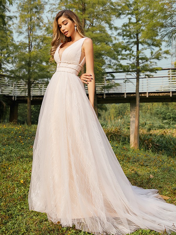 A-Line/Princess Tulle Ruffles V-neck Sleeveless Sweep/Brush Train Wedding Dresses 1100