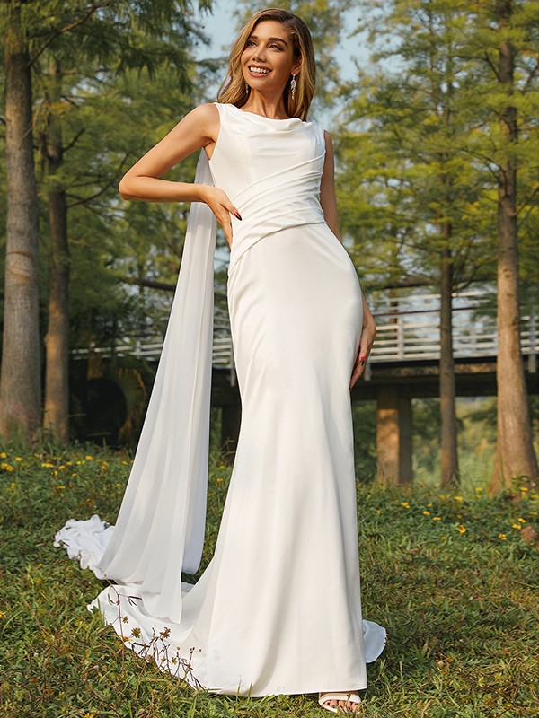 Sheath/Column NS Elastic Woven Satin Ruched Scoop Sleeveless Sweep/Brush Train Wedding Dresses 1420