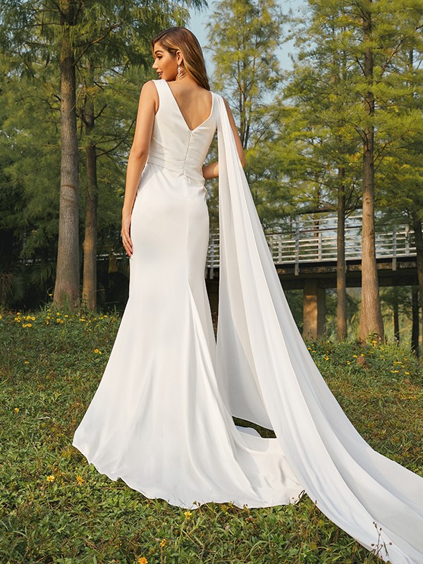 Sheath/Column NS Elastic Woven Satin Ruched Scoop Sleeveless Sweep/Brush Train Wedding Dresses 1420