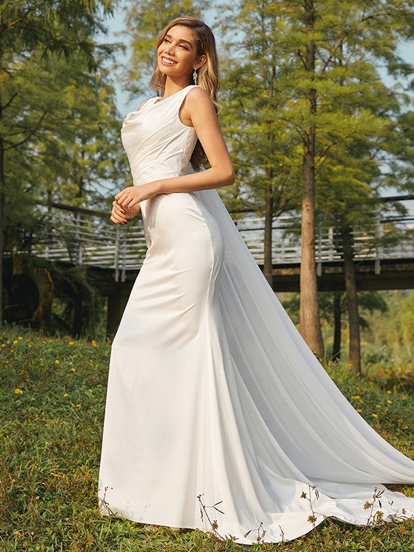 Sheath/Column NS Elastic Woven Satin Ruched Scoop Sleeveless Sweep/Brush Train Wedding Dresses 1420