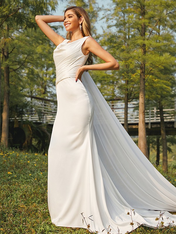 Sheath/Column NS Elastic Woven Satin Ruched Scoop Sleeveless Sweep/Brush Train Wedding Dresses 1420