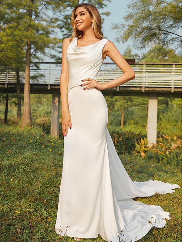 Sheath/Column NS Elastic Woven Satin Ruched Scoop Sleeveless Sweep/Brush Train Wedding Dresses 1420