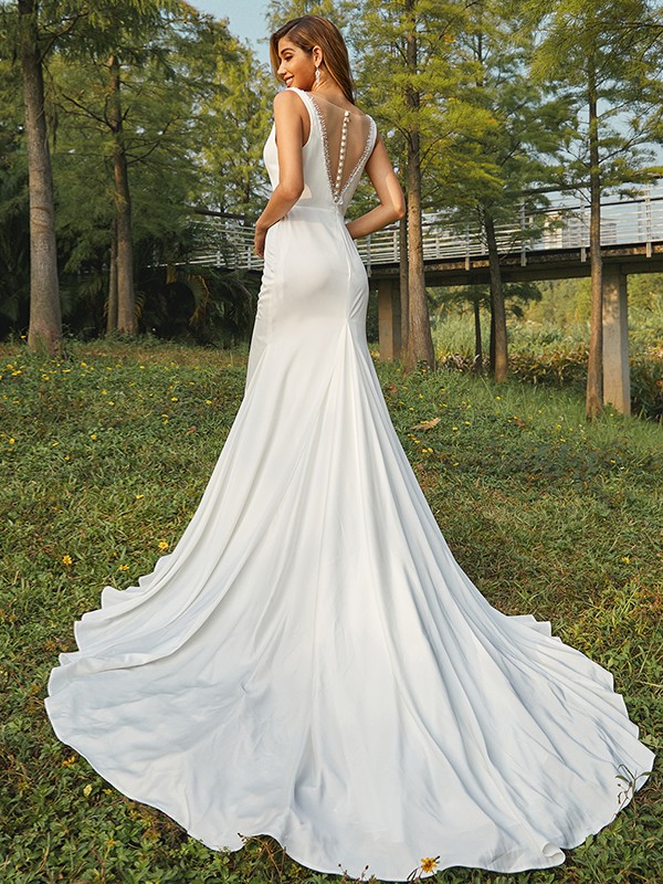 Sheath/Column Charmeuse Beading Scoop Sleeveless Sweep/Brush Train Wedding Dresses 1348