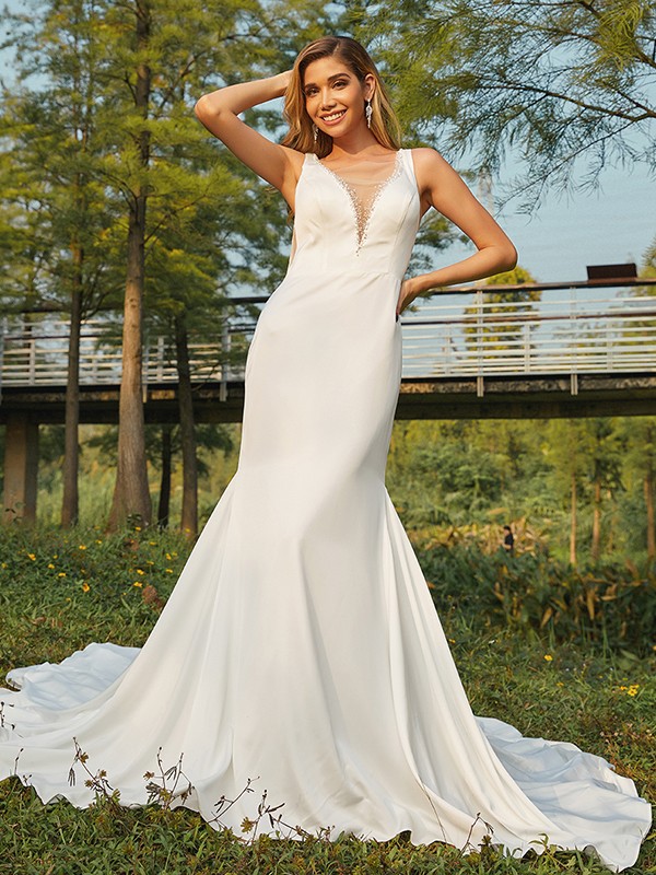 Sheath/Column Charmeuse Beading Scoop Sleeveless Sweep/Brush Train Wedding Dresses 1348