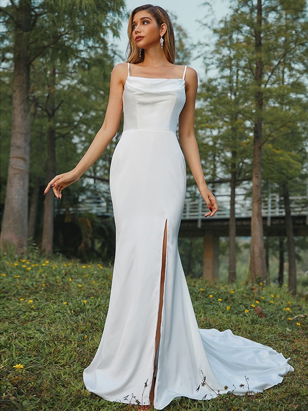 Sheath/Column Ruched Spaghetti Straps Sleeveless Sweep/Brush Train Wedding Dresses 1357