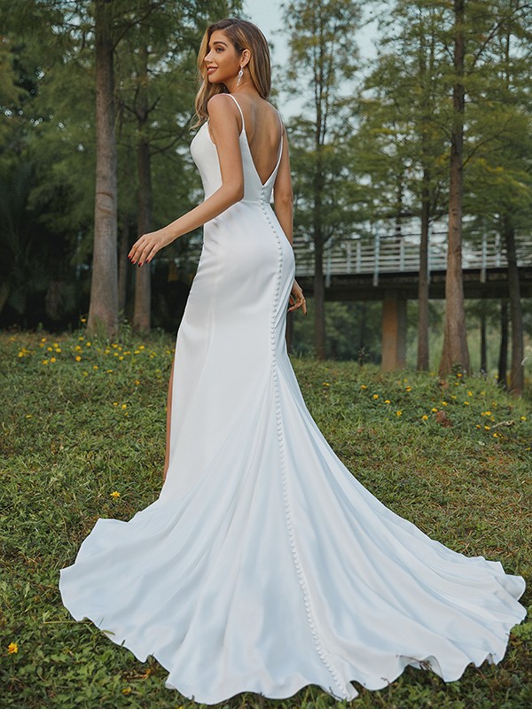 Sheath/Column Ruched Spaghetti Straps Sleeveless Sweep/Brush Train Wedding Dresses 1357