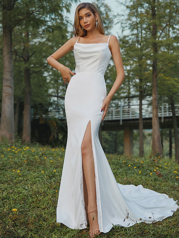 Sheath/Column Ruched Spaghetti Straps Sleeveless Sweep/Brush Train Wedding Dresses 1357