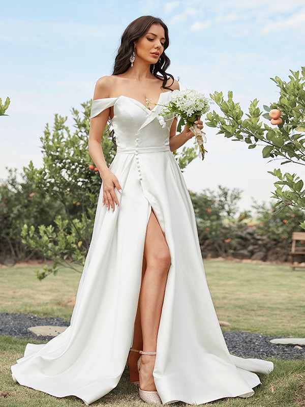 A-Line/Princess Satin Ruched Off-the-Shoulder Sleeveless Sweep/Brush Train Wedding Dresses 814