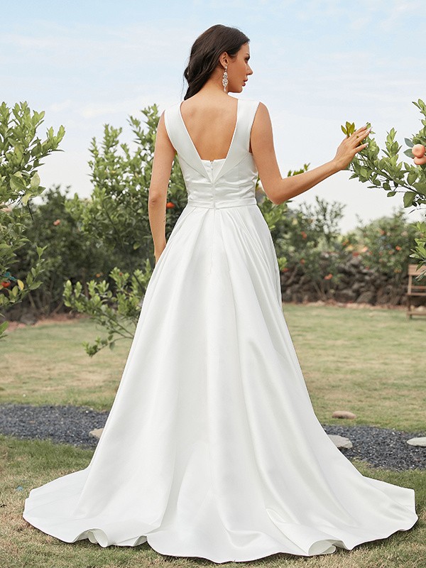 A-Line/Princess Satin Ruched Off-the-Shoulder Sleeveless Sweep/Brush Train Wedding Dresses 814